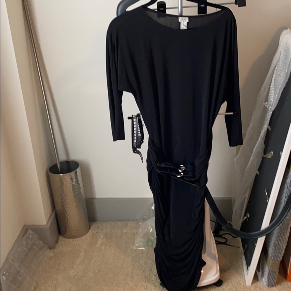 Slimming belted black dress cache size 12